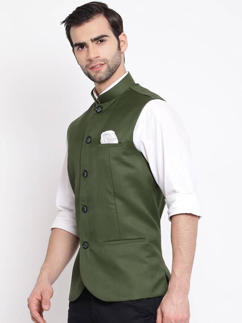 Men's Olive 
Cotton Blend
 Solid
 Nehru Jackets